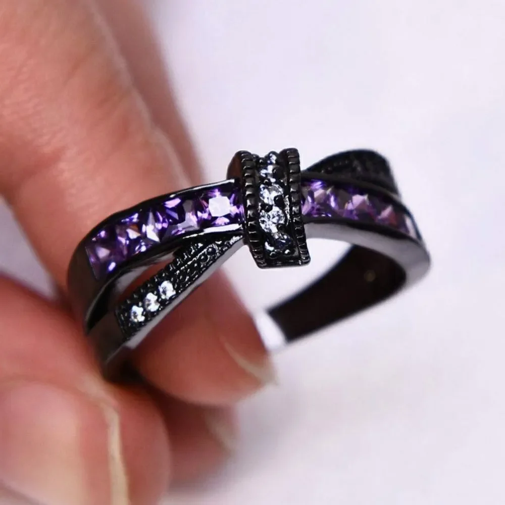 Gothic Amethyst Bowknot Ring Black Stainless Steel Rare and Unique Black Ring